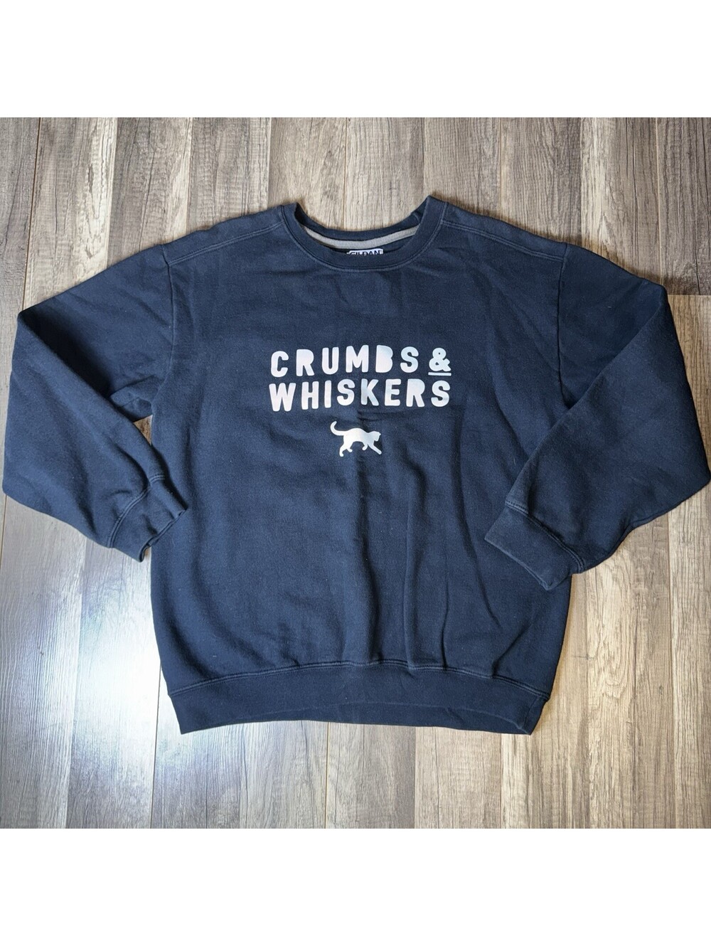 Crumbs & Whiskers Cat Graphic Sweatshirt Gildan Medium Navy Crewneck
